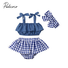 2019 Baby Summer Clothing Infant Baby Girl Sleeveless Sling Ruffle Vest Tops+Plaid Shorts+Headband 3PCS Sets Outfit Sunsuit 0-3Y 2024 - buy cheap