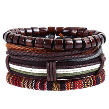 4pcs/set hippie punk boho dark brown leather wood beads wax cord knots wrap wide Bracelets Bangles for man hand jewelry 2024 - buy cheap