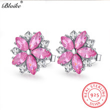 Blaike-pendientes de tuerca de flor de cereza rosa/púrpura para mujer, aretes de Plata de Ley 925 auténtica, circonita, copo de nieve, piedra de nacimiento 2024 - compra barato