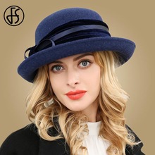 FS Wide Brim Fedora Winter Hats For Women Fashion Wool Felt Navy Blue Bowler Hat Ladies Formal Retro Bowknot Floppy Church Caps 2024 - buy cheap