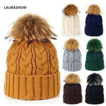 Laurashow Adult Size Knit Hat Warm Winter Real Fur Ball Pompoms Skullies Hat Lady Beanies Cap 2024 - buy cheap