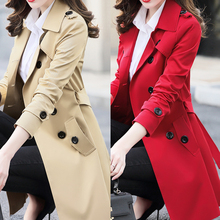 Trench coat feminino estilo britânico primavera outono, casaco justo liso breasted médio-longo corta-vento y133 2024 - compre barato