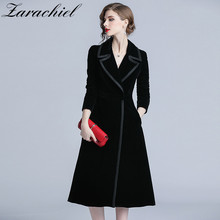 Женское бархатное пальто, Длинное Элегантное пальто с отложным воротником, облегающий черный кардиган, Осень-зима 2020 2024 - купить недорого