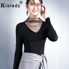 Kislady Women Clothes 2020 Spring Elegant Black V Neck T Shirt Vintage Aesthetic Long Sleeve Top Plus Size Patchwork Tshirt XXXL 2024 - buy cheap