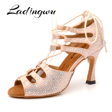 Ladingwu Women Latin Dance Shoes Skin Satin Shining Big small rhinestone dancing shoes  Narrow foot Adjust width Flare heel 9cm 2024 - buy cheap
