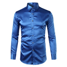 New Royal Blue Silk Satin Shirt Men Chemise Homme 2022 Fashion Mens Slim Fit Smooth Solid Tuxedo Dress Shirts Business Wedding 2024 - buy cheap