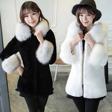 Winter Women Outerwear Medium-long Faux Rabbit Fur Coat with a Fox Fur Hood Thick Warm fur coats and jackets white/black 2024 - buy cheap