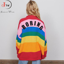 Rainbow Stripe V-Neck Cardigan Women Long Sleeve Knitted Sweater Casual Autumn Coat Invierno Loose Cardigans Mujer 2024 - buy cheap