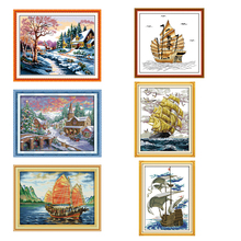 Joy Sunday Landscape Cross Stitch Patterns Snowscape Sailing Ship DIY Handmade Needlework DMC 11 14CT Chinese Cross Stitch Kits 2024 - buy cheap