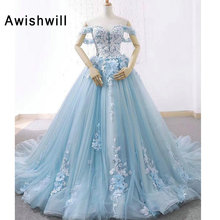 New Arrival Blue Long Dress for Photograpy Lace-up Back 3D Floral Appliques Tulle Prom Dresses Off The Shoulder Party Gown 2024 - buy cheap