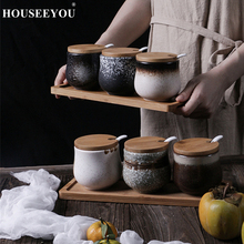 Nordic Ceramic Spices Herb Salt Sugar Cans Seasoning Jar Jug Household Kitchen Utensils Container with Wood Tray Kitchen Tools 2024 - buy cheap