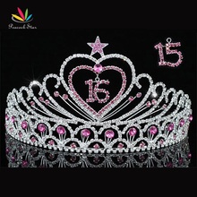 Peacock Star Sweet 15 & 16 Birthday Crystal Pink Heart Star Quinceanera Tiara CT1523 2024 - buy cheap