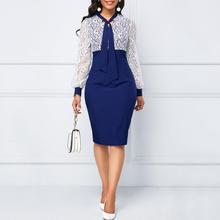 Plus Size Fashion Elegant Women Office Clothing Lace Patchwork Tie Neck Back Slit Long Sleeve Bodycon Slim Midi OL Sheath Dress 2024 - buy cheap
