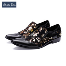 Bela sapato masculino de couro legítimo, calçado formal, de negócios italiano, com estampa floral, sapato de dedo fino dourado 2024 - compre barato