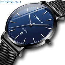 Relógio masculino crrju, relógio casual impermeável azul de quartzo para homens