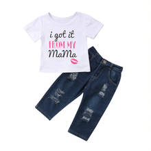 Модный детский пляжный костюм с принтом для маленьких мальчиков и девочек хлопковая футболка для маленьких девочек топы + джинсы джинсовые штаны комплект из 2 предметов 2024 - купить недорого