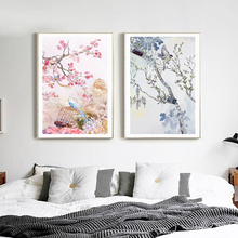 Pintura en lienzo moderna de flores y pájaros, arte de pared impreso de estilo chino, póster, decoración para sala de estar y dormitorio, imágenes HD 2024 - compra barato