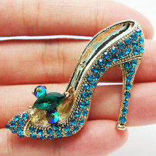 Lady High-Heel Shoe Brooch Pin Clear  Blue Rhinestone Crystal 2024 - buy cheap