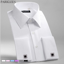 White Wedding Dress Shirt Men French Cufflink Twill Stripe Long Sleeve Tuxedo Shirts Business Casual Slim Fit Pure Camisa Top 8X 2024 - buy cheap
