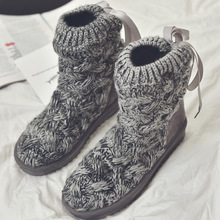 New Style Women Knitting Wool Snow Boots Winter Warm Ankle Boots Lace Up Flat Heels High Top Cotton Fashion Boots 2024 - buy cheap