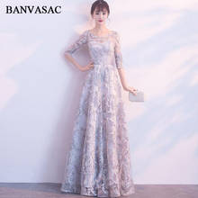 BANVASAC 2018 O Neck Lace Appliques A Line Long Evening Dresses Elegant Embroidery Party Half Sleeve Prom Gowns 2024 - buy cheap