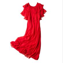 Шелковое платье женское, летнее, с рукавом-бабочкой, красное, Пляжное Платье из 100% шелка, длинное платье для отпуска, одежда высокого качества, бесплатная доставка 2024 - купить недорого