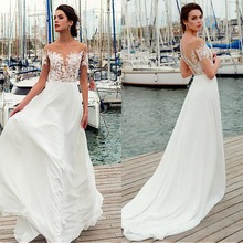 Incrível vestido de casamento rendado de manga curta, corpete transparente e linha a, vestido de casamento com apliques de renda longos 2024 - compre barato