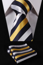 TS3002Y8 Yellow Navy Blue Stripe 3.4" 100%Silk Wedding Jacquard Woven Men Tie Necktie Pocket Square Handkerchief Set Suit 2024 - buy cheap