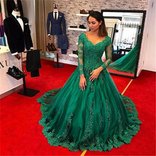 Formal Emerald Green Dresses Evening Wear 2019 Long Sleeve Lace Applique Beads Plus Size Prom Gowns robe de soiree 2024 - buy cheap