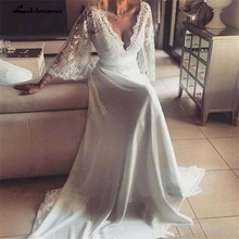 Bohemian Wedding Dresses Illusion Lace Bridal Gown Backless Long Sleeve Deep V Neck Boho Chiffon Plus Size Beach Bridal Dress 2024 - buy cheap