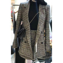 women's suit lattice suit jacket half skirt suit Double breasted lattice casual suit + skirt two piece set women's suit 2024 - buy cheap