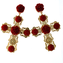 New Arrival Fashion Gold Cross Earrings  Red Flower Earring Gold Big Pendant Earring Baroque Retro Cross Jewelry Accessories 2024 - buy cheap