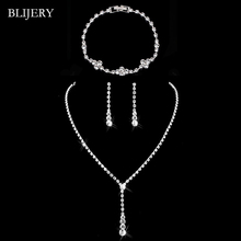 BLIJERY-Conjunto de joyería nupcial de cristal para mujer, con diamantes de imitación, collar largo de gota, pendientes, pulsera para mujer, conjuntos de joyería de boda de Graduación 2024 - compra barato