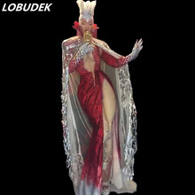 Sexy Women Singer Modern Dance Costumes Dancer Concert Performance Stage Outfits Party Catwalk Red Bodysuit Cloak Show Costume 2024 - buy cheap