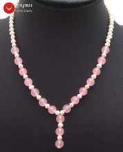 Qingmos Трендовое ожерелье с натуральным жемчугом для женщин с 6-7 мм круглым белым жемчугом и розовыми Jades 17 ''кулон Necklace-nec6009 2024 - купить недорого