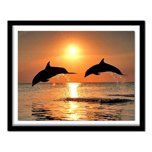 Nova 5d diy pintura diamante golfinho bordado quadrado cheio diamante ponto cruz pôr do sol água golfinho strass pintura 2024 - compre barato