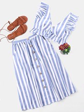 Two Piece Set V Neck Sleeveless Crop Top Striped Ruffle Button High Waist Skirts Suits Summer Women Sets 2024 - buy cheap