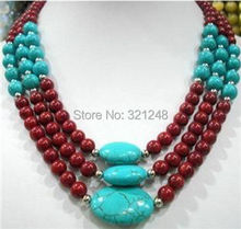 New fashion Beautiful 3 row artificial red coral calaite turquoises stone round beads high grade women necklace 17-19inch BV34 2024 - buy cheap