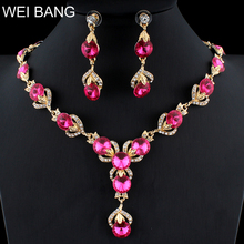 WEIBANG-Conjunto de joyería de boda para mujer, collar, pendientes largos, vestidos de Color oro y cristal rosa, damas de honor, envío directo 2024 - compra barato