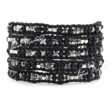 Lotus Mann Large gradient refined sand black beads bracelet with crystal black leather rope five loops 2024 - buy cheap