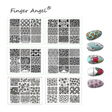 Прямоугольная штамповочная пластина Finger Angel, 1 шт., 6*8 см, шаблоны для дизайна ногтей, геометрические цветочные узоры, пластины 2024 - купить недорого