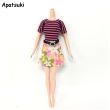 Pink Zebra Striped Fashion Doll Clothes For Barbie Dolls Floral Short Dresses For Barbie Dollhouse 1:6 Doll Clothing Kids Toy 2024 - buy cheap