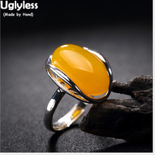 Uglyless Real S925 Sterling Silver Natural Chalcedony Opening Ring Yellow Gems Finger Rings Women Handmade Jewelry Hollow Bijoux 2024 - buy cheap