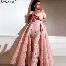 Pink Lace Flowers Sleeveless Sexy  Evening Dresses 2021 Dubai Designer Off Shoulder Evening Gown Serene Hill LA60746 2024 - buy cheap