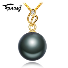 FENASY-Colgante redondo de oro de 18K, Perla Negra tahitiana, elegante, para cena, fiesta, boda, joyería, se envía con Collar de plata 2024 - compra barato