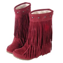 Big Size 34-43 Women's 3 Layer Fringe Tassels Decoration Rivets Low Heel Winter Boots Mid-Calf snow boots Shoes 2024 - buy cheap