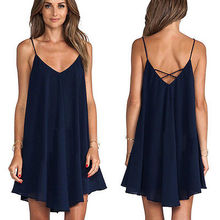 Minivestido Sexy azul para mujer, vestido informal de gasa con tirantes, sin mangas, cuello de pico, talla 6-20 2024 - compra barato