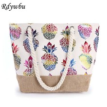 Rdywbu Women Canvas Straw Shoulder Bag Colorful Pineapple Printed Tote Handbag Natural Linen Jute Beach Bag For Holiday B798 2024 - buy cheap