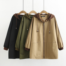 Casaco trench coat feminino com capuz, corta-vento solto bolso zíper, médio longo, primavera tamanho grande 2024 - compre barato
