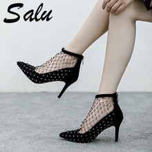 Salu Suede Leather Boots Women Summer Ankle Fashion High Heels Ladies Shoes Round Toe Stitching Zipper Mesh Footwear 2020 2024 - buy cheap